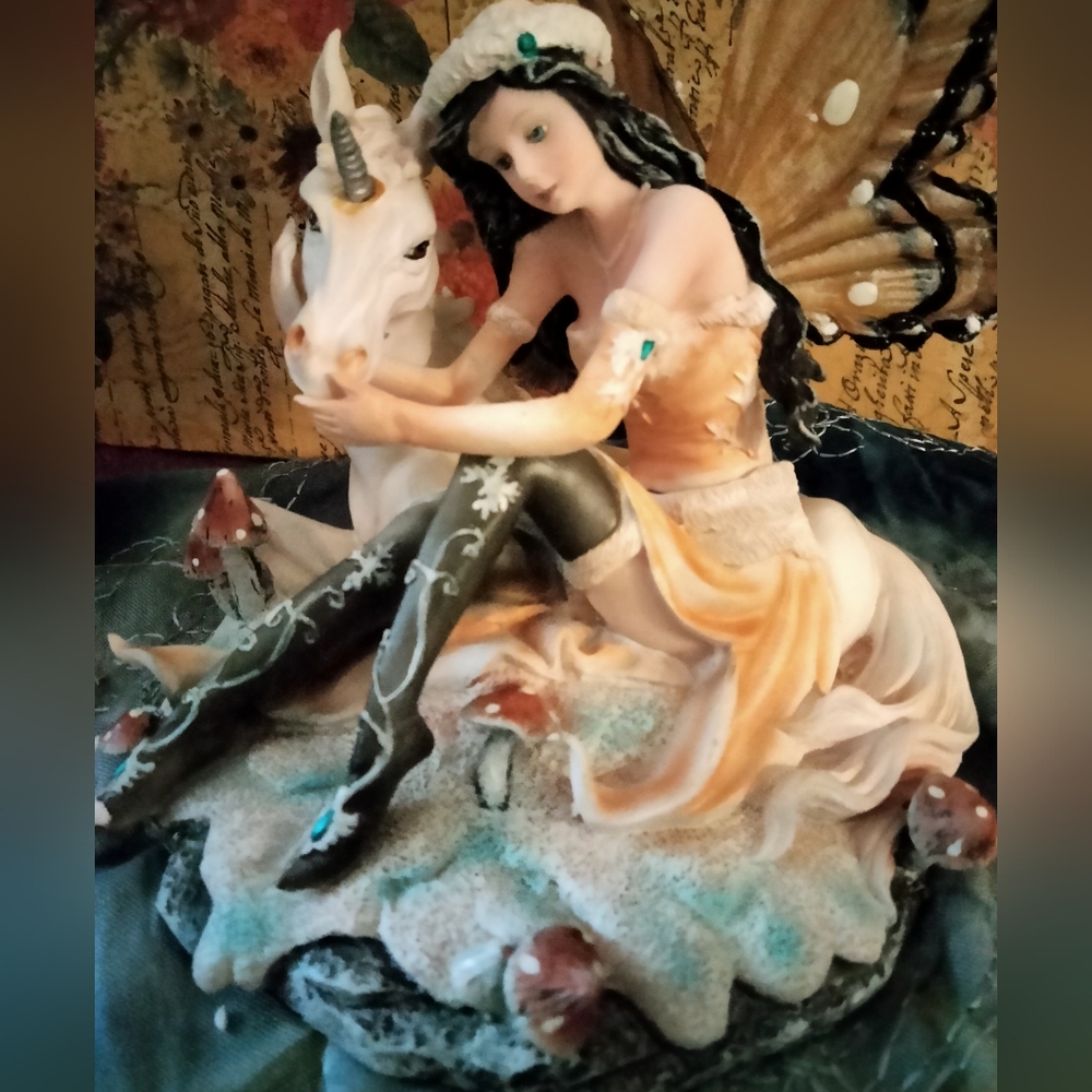 Fairy with Unicorn sitting in snow #10270 Pacific Giftware Collectible Statue